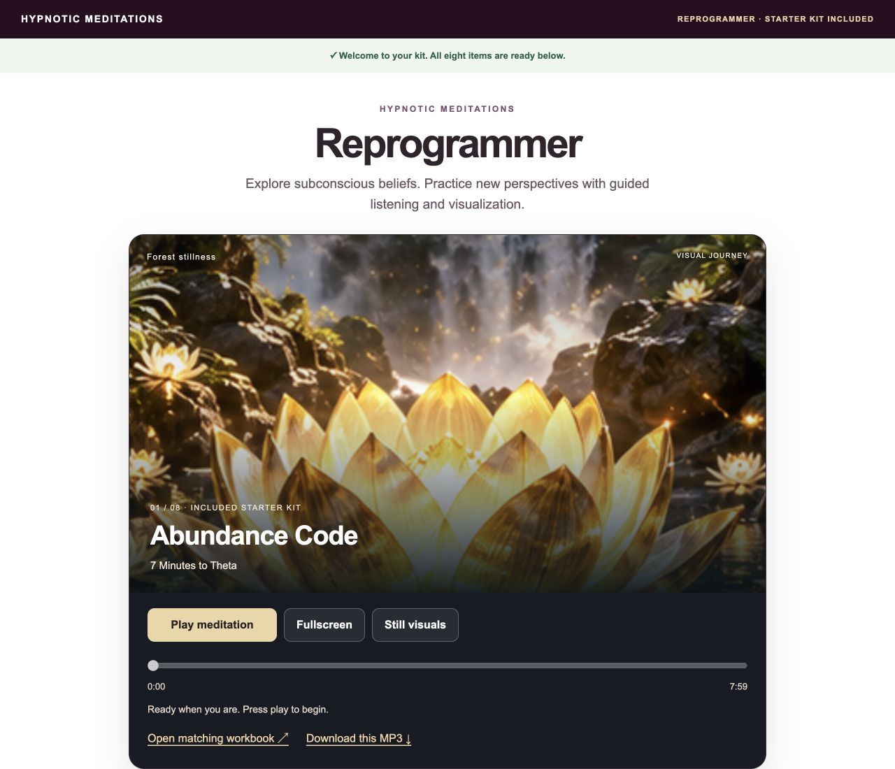 Actual Reprogrammer app with original meditation playback and visual scenes