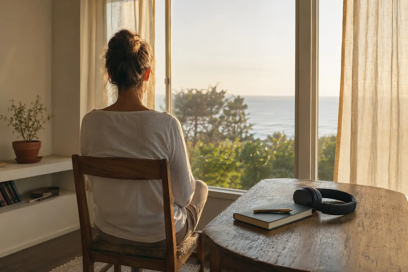 A person practicing a quiet future-self meditation beside a notebook and headphones at sunrise