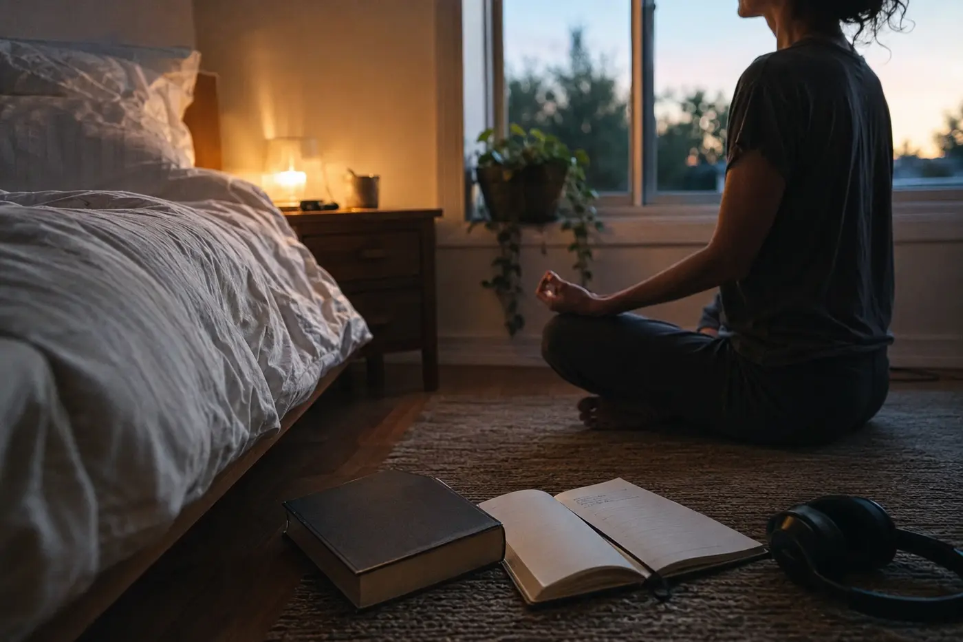 A person meditating beside an open notebook, an unbranded book, and headphones at dusk