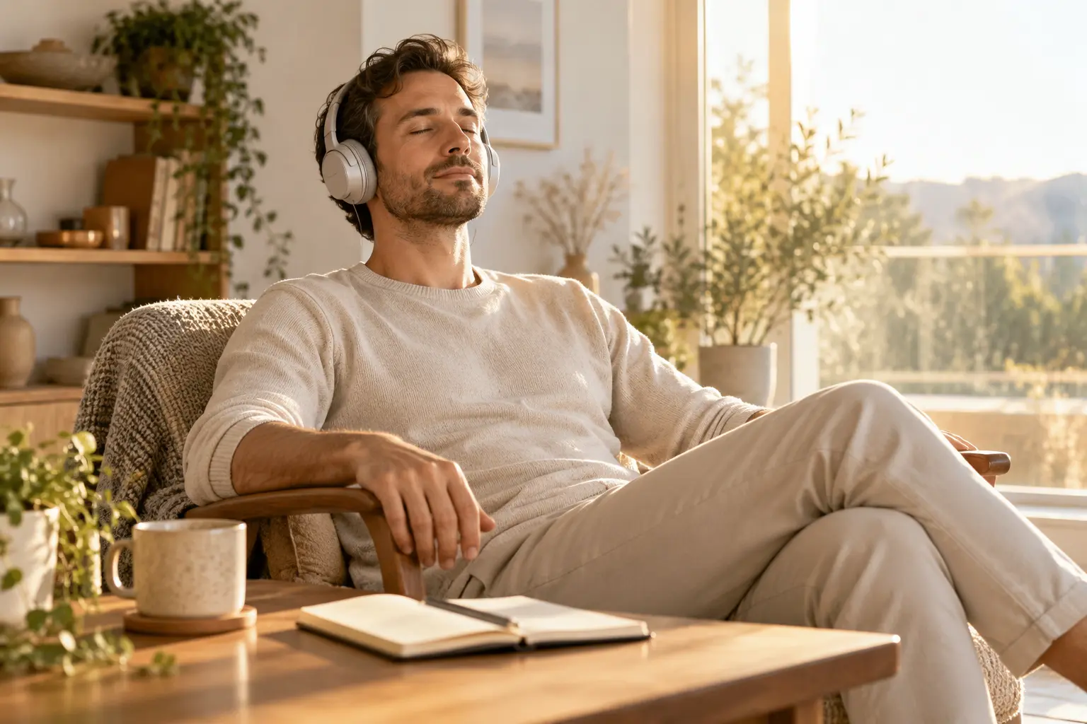 A relaxed person listening to meditation audio on headphones