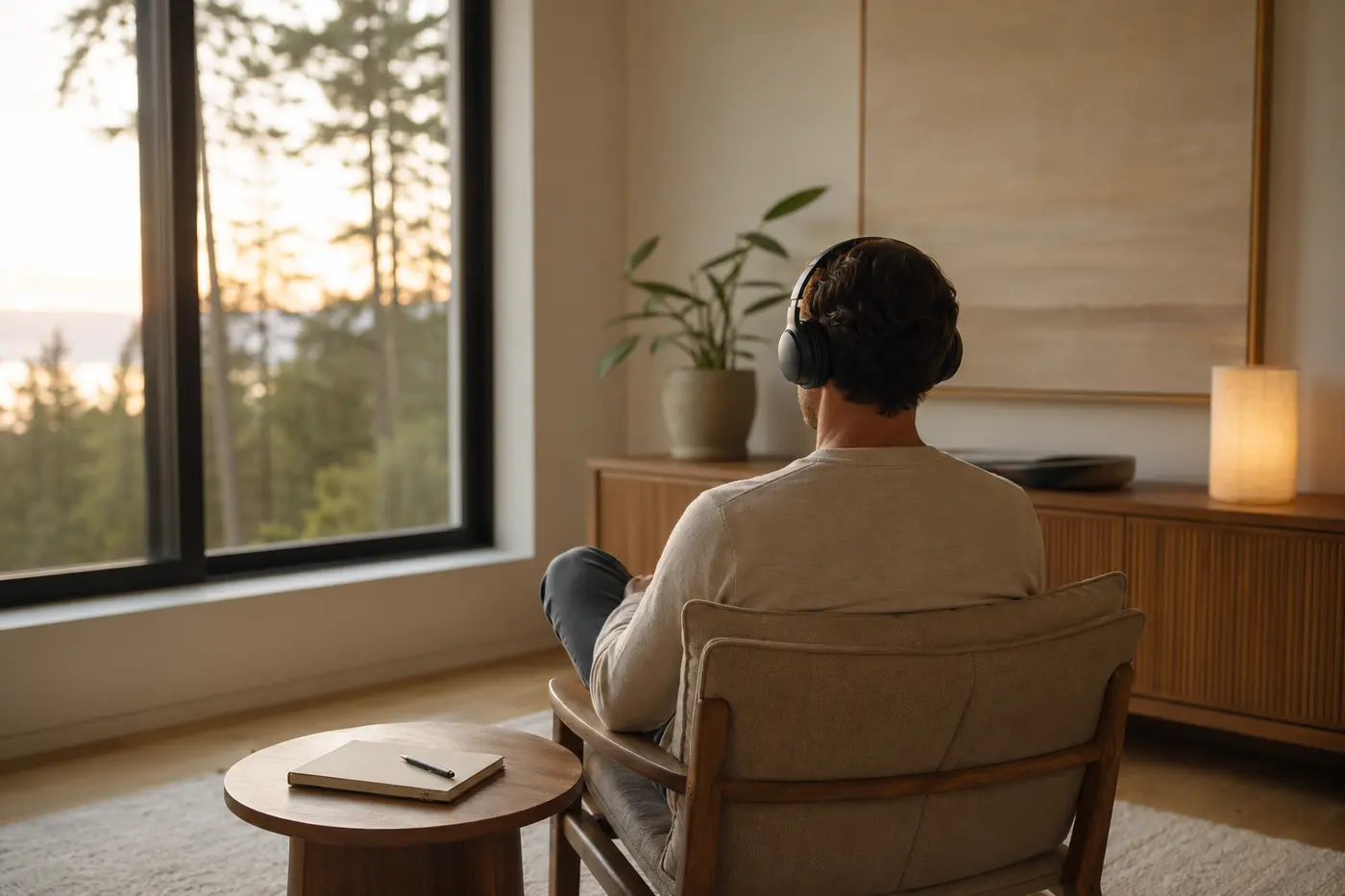 Person practicing a relaxing guided meditation with headphones by the window