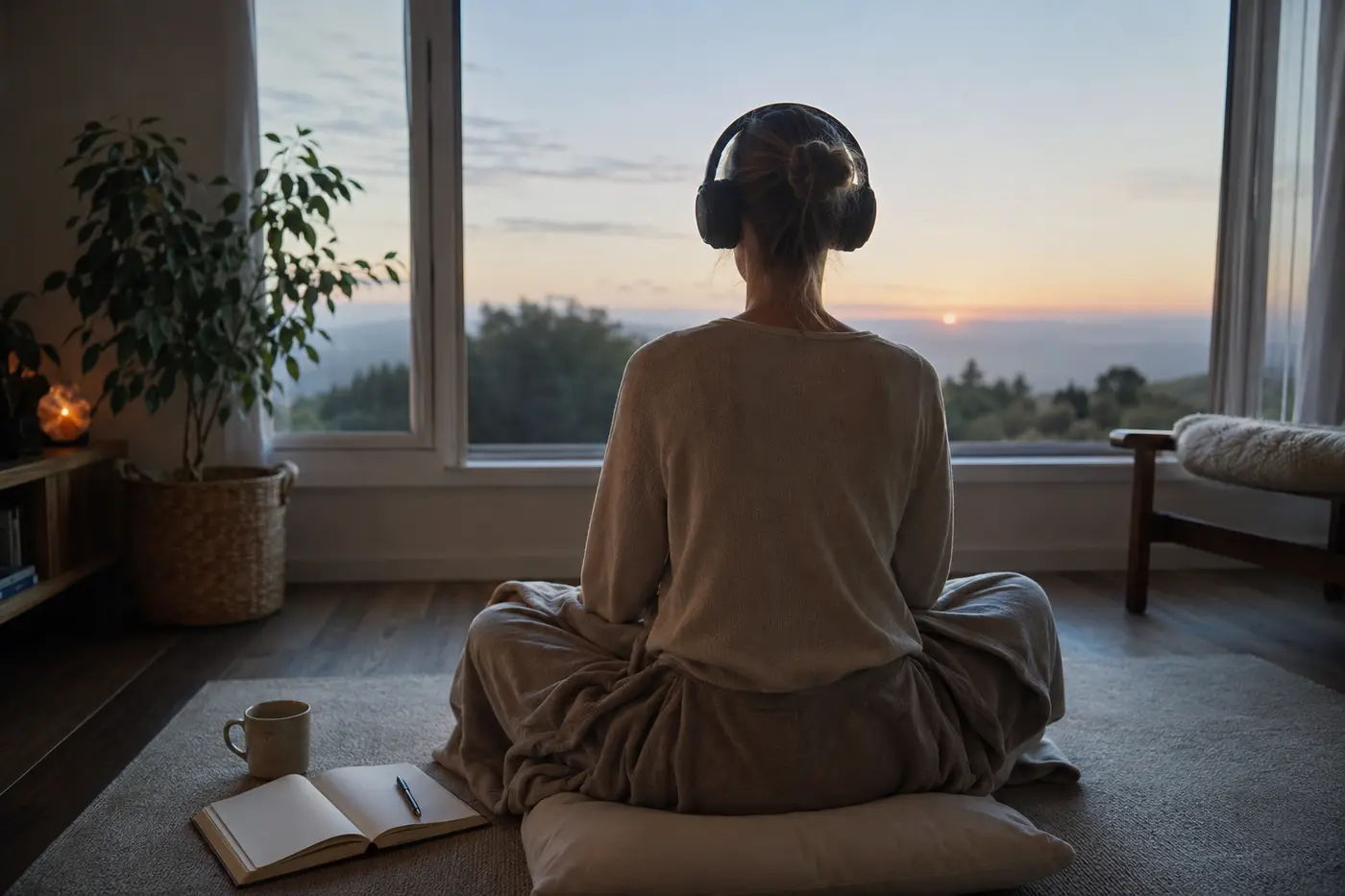 Person using headphones during a guided meditation at dawn